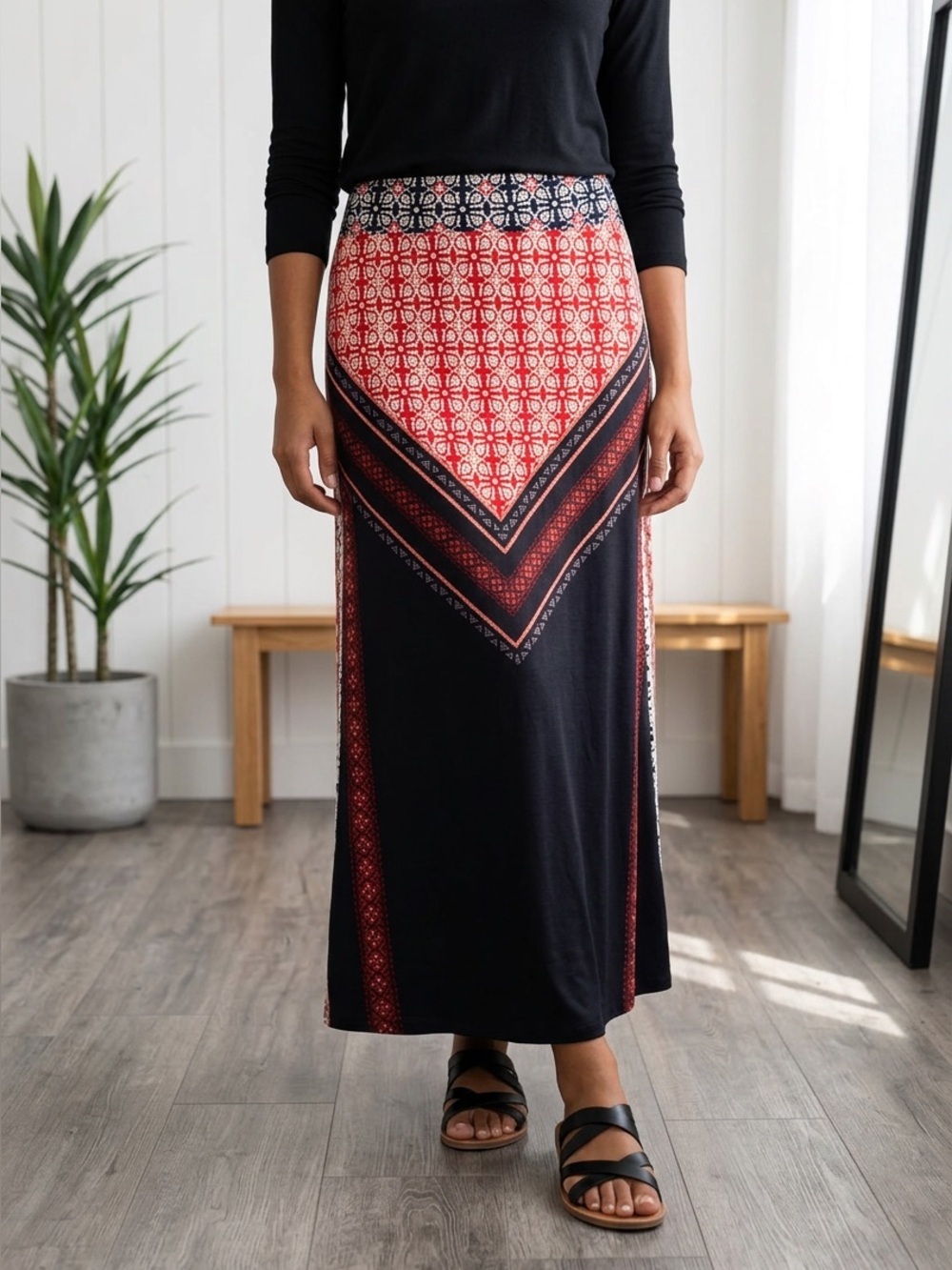 New Direction Orange and Black Patterned Maxi A-line Skirt